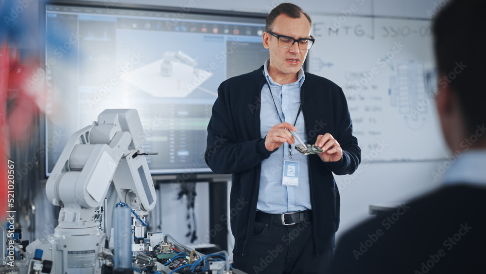 Poster Male Teacher Showing Details and Having Lesson with Students at University Robotics Class at University. Computer Science Education and Machine Learning. Robot Arm Concept.