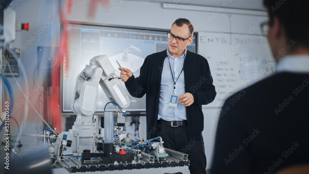 Poster Male Teacher Talking with Students at University Robotics Class at University. Bionic Claw is Moving Under Supervision of the Lector. Computer Science Education and Learning Concept.