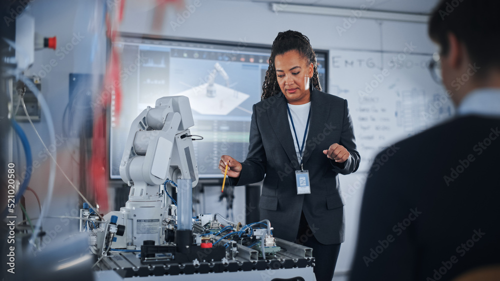 Poster Advanced Robotics Technology Start-up Chief Engineer Presents Innovative Robot Arm at Closed Conference. Futuristic Autonomour Design of AI Robot Hand, Helping to Automate Factory Working.