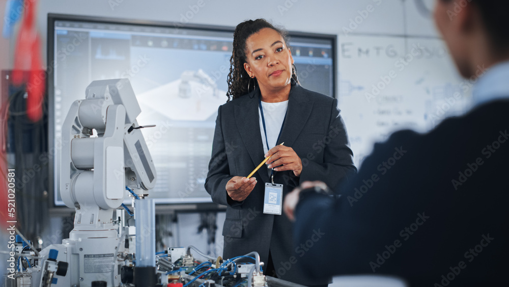 Poster Chief Engineer Presents Innovative Robot Arm to Start-up at Conference. Futuristic Design of AI Robot Hand, Helping to Automate Factory Working. Advanced Robotics Technology Concept.