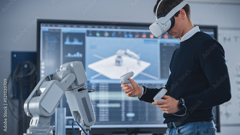 Poster mechanical engineer student wearing virtual reality headset and holding controllers, uses vr technol
