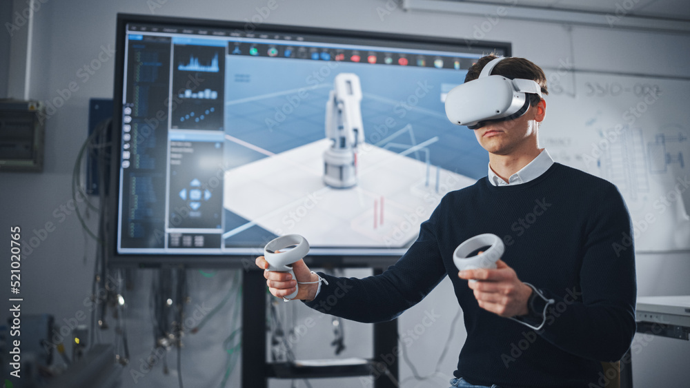 Poster Student Engineer Wearing Virtual Reality Headset Holding Joysticks and Controlling Bionic Limb Under while her Actions Displayed on Screen. Modern Equipment and Computer Science Education Concept