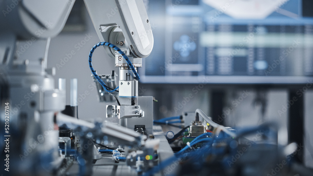 Poster Robotics Industry Four Engineering Facility Robot Arm Moving at Different Directions. High Tech Industrial Technology Using Modern Machine Learning. Mass Production Automatics. Close Up
