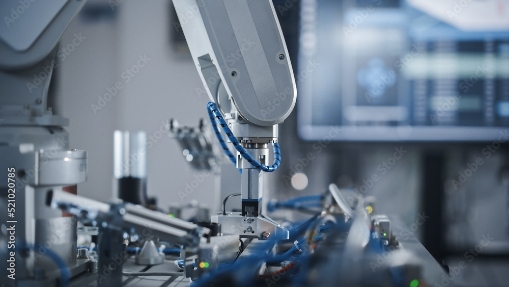 Poster Industry 4.0 Modern Factory: Programmed Robot Arm Moving at Different Sides. Production Line Machine at Empty room.No people, Close Up View. Automated Robotics Concept