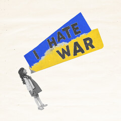 Contemporary art collage. Little girl shouting about war in Ukraine. Praying for peace. Stop...