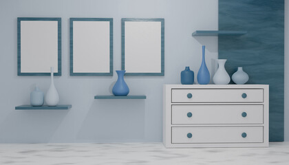 Mockup poster frame in minimalist modern interior background, 3d render. Empty poster frame in cozy interior. Frame mockup. Frame poster mockup in Boho style interior. 3d rendering, 3d illustration