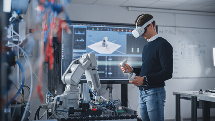 Student Engineer Wearing Virtual Reality Headset Holding Controllers and Moving Bionic Claw Under his Control During the Lesson. University with Modern Equipment. Computer Science Education Concept.