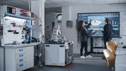 Female Black Developer Looking at Big Screen and Telling her Ideas to Male Colleague. Robotic Arm...