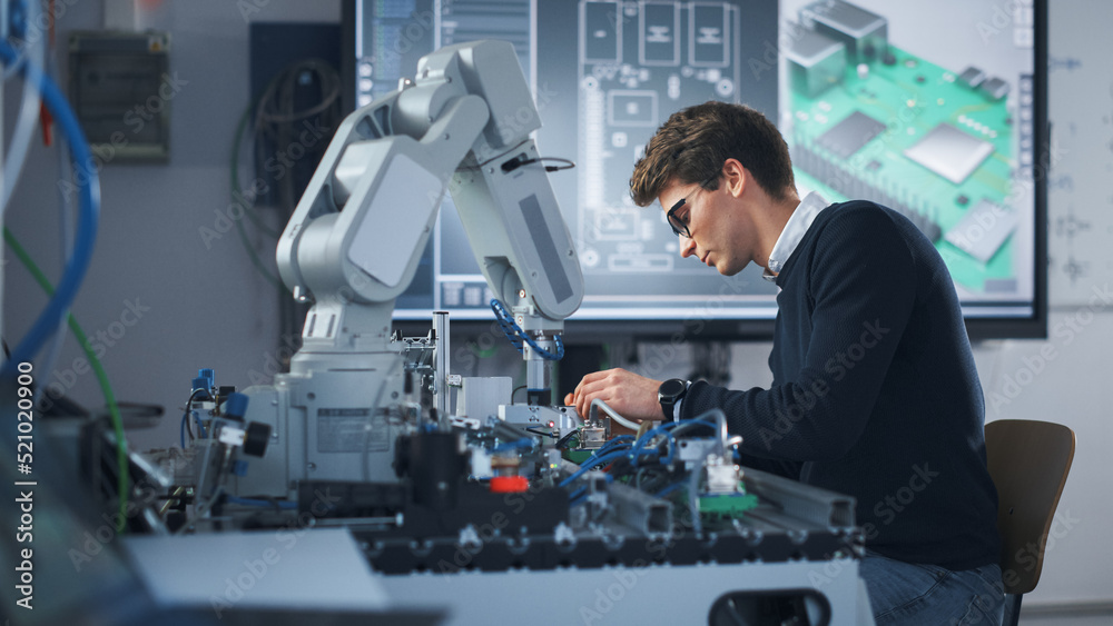Poster Portrait of Attentive Young Man Engineering Robotic Arm with Screwdriver at Isolated Room. Science Student Holding an Experiment with Bionic Arm. High-Tech Science, Education and Learning Concept