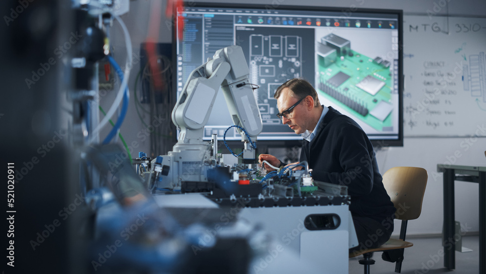Aufkleber Electronics Engineer Works with Robot, Examining Circuits Using Screwdriver. Computer Science Research Laboratory with Specialists Working. High-Tech Science and Engineering Concept