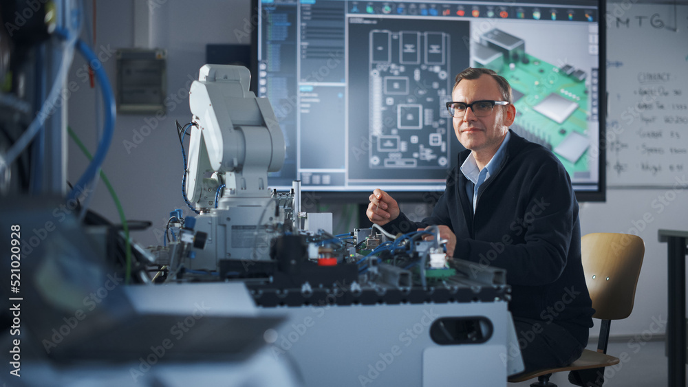 Aufkleber Portrait of Smiling Engineer Using Screwdriver while Working with Microchip of Robotic Arm. Man Looking at Camera During his Experiment with Bionic Hand. High-Tech Science and Engineering Concept