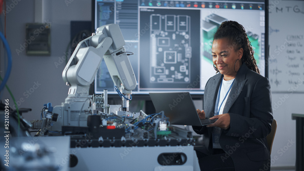 Aufkleber Black Developer Works with Laptop, Writing Code for Robot Arm. Computer Science Research Laboratory with Specialists Working. High-Tech Science and Programming at Start Up Lab Concept.