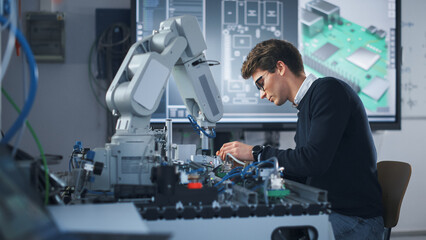 Portrait of Attentive Young Man Engineering Robotic Arm with Screwdriver at Isolated Room. Science...