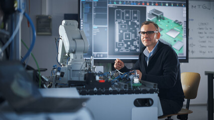 Portrait of Smiling Engineer Using Screwdriver while Working with Microchip of Robotic Arm. Man Looking at Camera During his Experiment with Bionic Hand. High-Tech Science and Engineering Concept