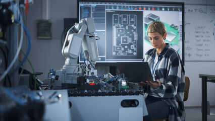 Female Startup Developer Holding Laptop while Working with Robotic Arm. Woman Looking at Screen and Programming Bionic Limb. High-Tech Science and Research in University Lab Concept.