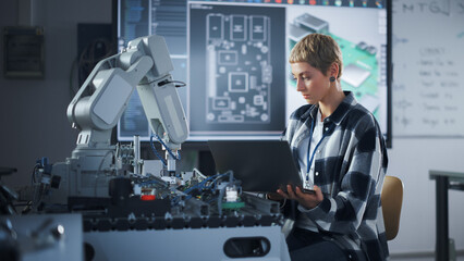 Caucasian Developer Writing Code at Laptop while Working with Robotic Arm. Startup and Programming at Laboratory. High-Tech Science, Robotics and Research at University of Technology Concept.