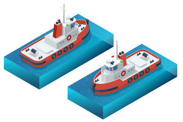 Isometric tugboat. A tugboat or tug is a marine vessel that manoeuvres other vessels by pushing or pulling them, with direct contact or a tow line. - obrazy, fototapety, plakaty
