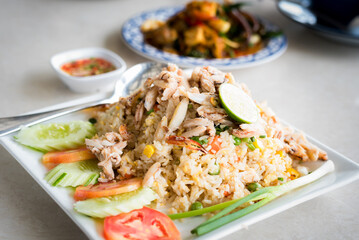 Fried rice with crab in white plate. Thai food style.