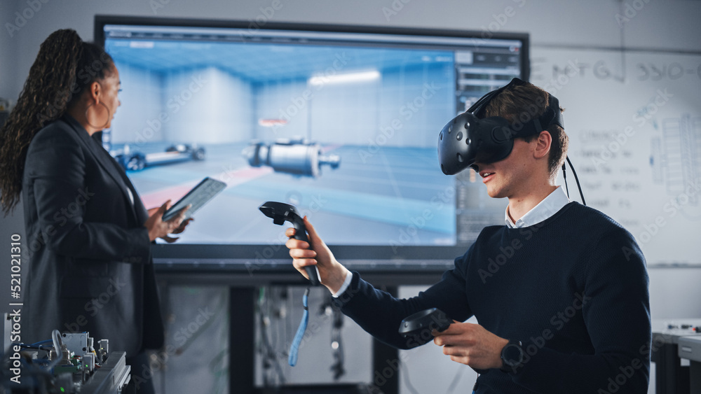 Poster Black Teacher Typing on Tablet and Supervising While Her Student Wearing VR Headset and Using Controllers. Virtual Reality Technology For Industrial Design, Development, Prototyping in CAD Software.