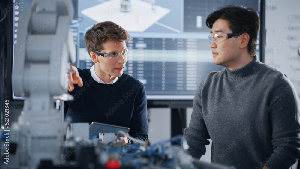 Poster Student Pointing at Robotic Limb and Talking To Classmate While Developing Program for Motion of Robotic Arm During Lesson. Education and Innovative Technologies At Modern University Concept.