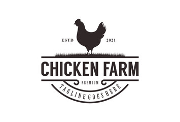 Fototapeta na wymiar Vintage chicken farm logo vector illustration design. rooster on fence hipster logo design
