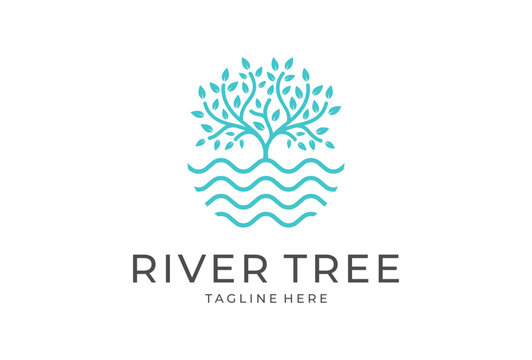 tree lake logo icon, River Tree Logo circle shape design vector template