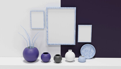 White poster on cabinet floor with blank frame mockup for you design. Layout mockup good use for your design preview. Mockup poster frame in minimalist modern interior background, 3d render