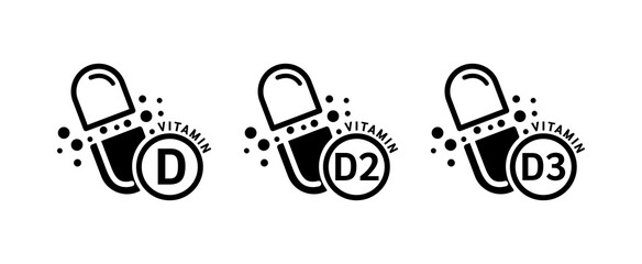 Vitamin D icon black in capsule form simple line. Vitamins set isolated on a white background. Medical symbol concept. Design for use on web app mobile and print media. Vector EPS10 illustration.