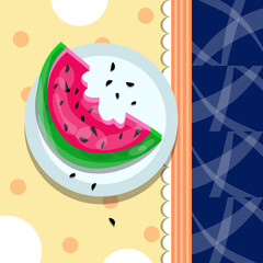 Overhead view of watermelon with seeds on plate. Hello summer. Fresh watermelon slice for poster, print, template, card, icon. Fresh healthy food. Summer food concept, stock vector illustration.