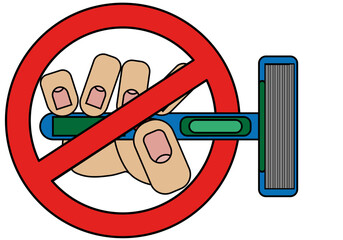 Hand holding shaving machine, prohibition sign isolated on white background in cartoon style in vector graphic