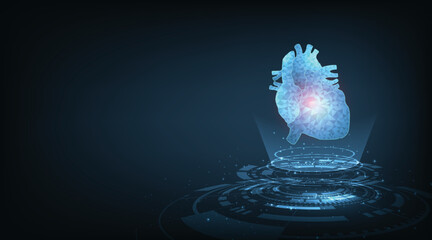 Glowing human heart vector illustration made of low poly triangle connection.Innovative technology intra-body, 3d Anatomy of Human Heart on dark blue background.