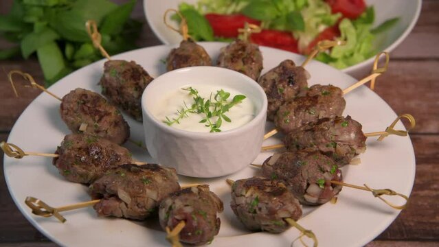 Traditional homemade kefta or kebab of meat. Halal concept. Arabic and Liban food. High quality photo