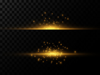 Gold glowing light effect vector illustration. Magic shiny golden dust line for banner design, luminous glares trail with sparkle glitter flare and shimmer glitz on black transparent background