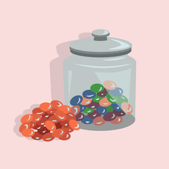 Jar of Colorful Jelly Beans Isolated on Pink