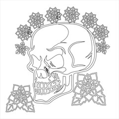 Sugar skull wreath of red roses. Coloring pages for adult. Day of the Dead Sugar Skull in Mexico. Dia de los Muertos Mexican national holiday, Dia de muertos mexican sugar skull
