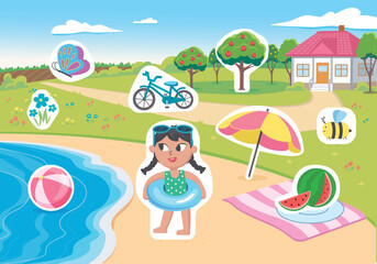 Vector kid summer country illustration for sticker game set