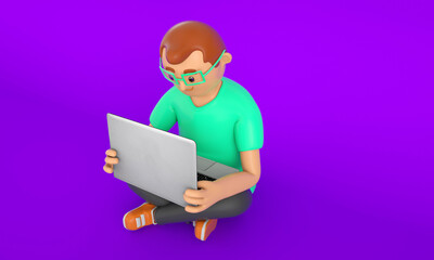 Personagem 3d sentado com notebook