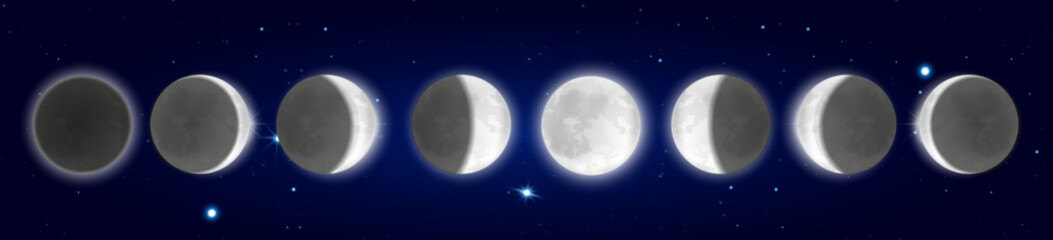 Naklejka na ściany i meble Panoramic night scenery, forest on hotizon, starry sky, cycle from new moon to full infographic science background. Lunar eclipse, total partial eclipse, moon phases and stages vector illustration