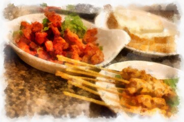 Thai food set in a plate on the table watercolor style illustration impressionist painting.