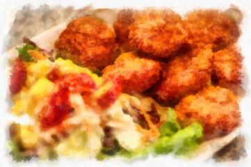 Thai food set in a plate on the table watercolor style illustration impressionist painting.