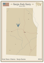 Map on an old playing card of Grady county in Georgia, USA.