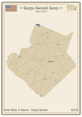 Map on an old playing card of Gwinnett county in Georgia, USA.