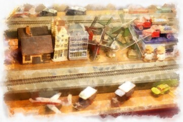 Antique toys made of zinc watercolor style illustration impressionist painting.