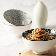 Buckwheat noodles in a bowl