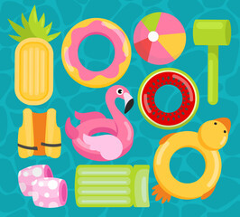 Rings toys in water vector illustration. Cartoon inflatable life saving floating lifebuoy for summer beach or swimming pool, funny colorful rubber toys floater for kids learning to swim background