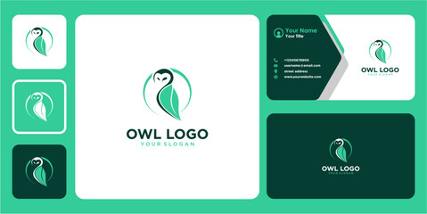 owl logo design with leaves and business card