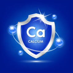 Fototapeta premium Minerals calcium Ca shield with blue atom and vitamins complex. Protect the body stay healthy. For nutrition products food. Medical scientific concepts. Vector illustration.