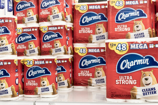 Charmin toilet paper and toilet tissue display. Charmin is a hygiene product manufactured by Procter & Gamble (P&G).