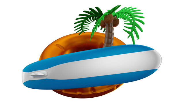 Elementos 3d de ver&atilde;o, prancha, boia e palmeira