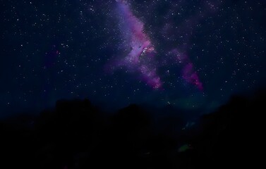 Milky Way galaxy, on high mountain Long exposure photograph, with grain. Image contain certain grain or noise and soft focus.